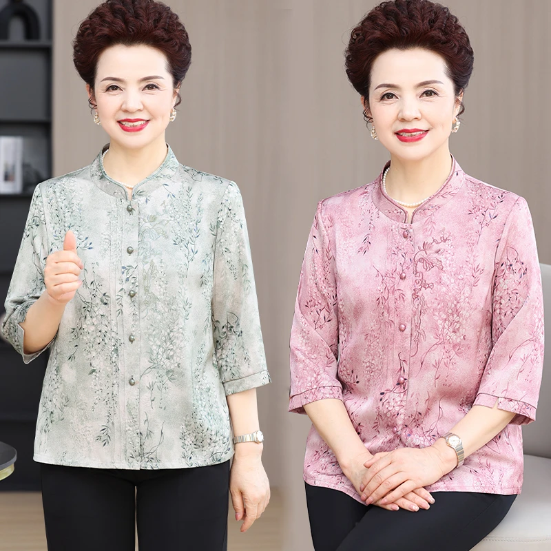 中老年人衬衫女妈妈洋气衬衣奶奶夏装上衣老太太夏季中袖老人衣服