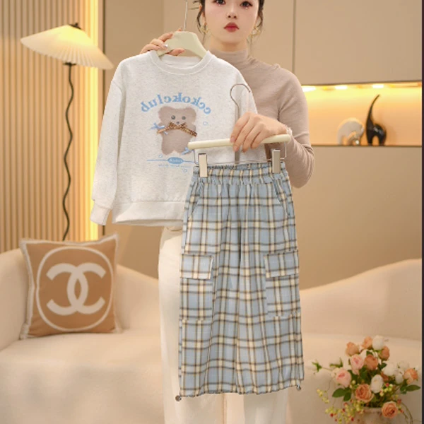 【米拉】女童卫衣休闲裤套装春装2025新款中大童格子裤两件套
