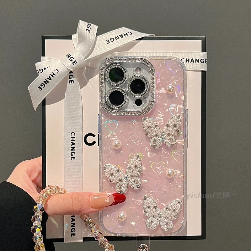 高级感名媛风立体珍珠蝴蝶适用iPhone16Promax手机壳苹果15气质14