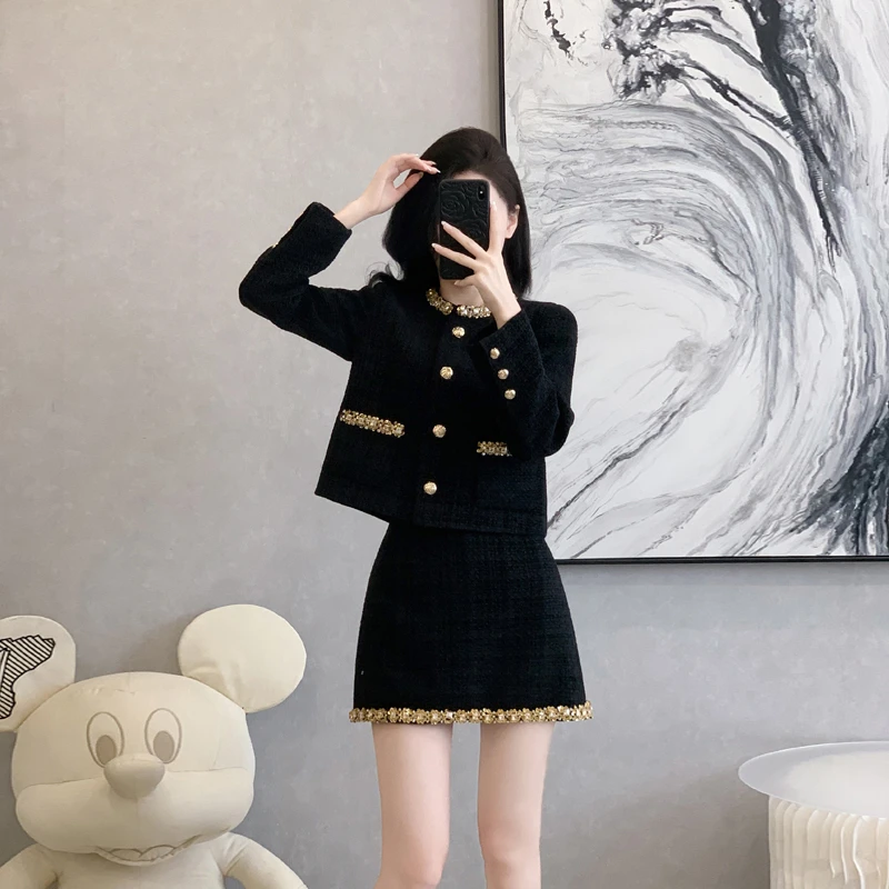 法式设计感小众时尚套装女秋冬装简约高级感纯色气质小黑裙两件套