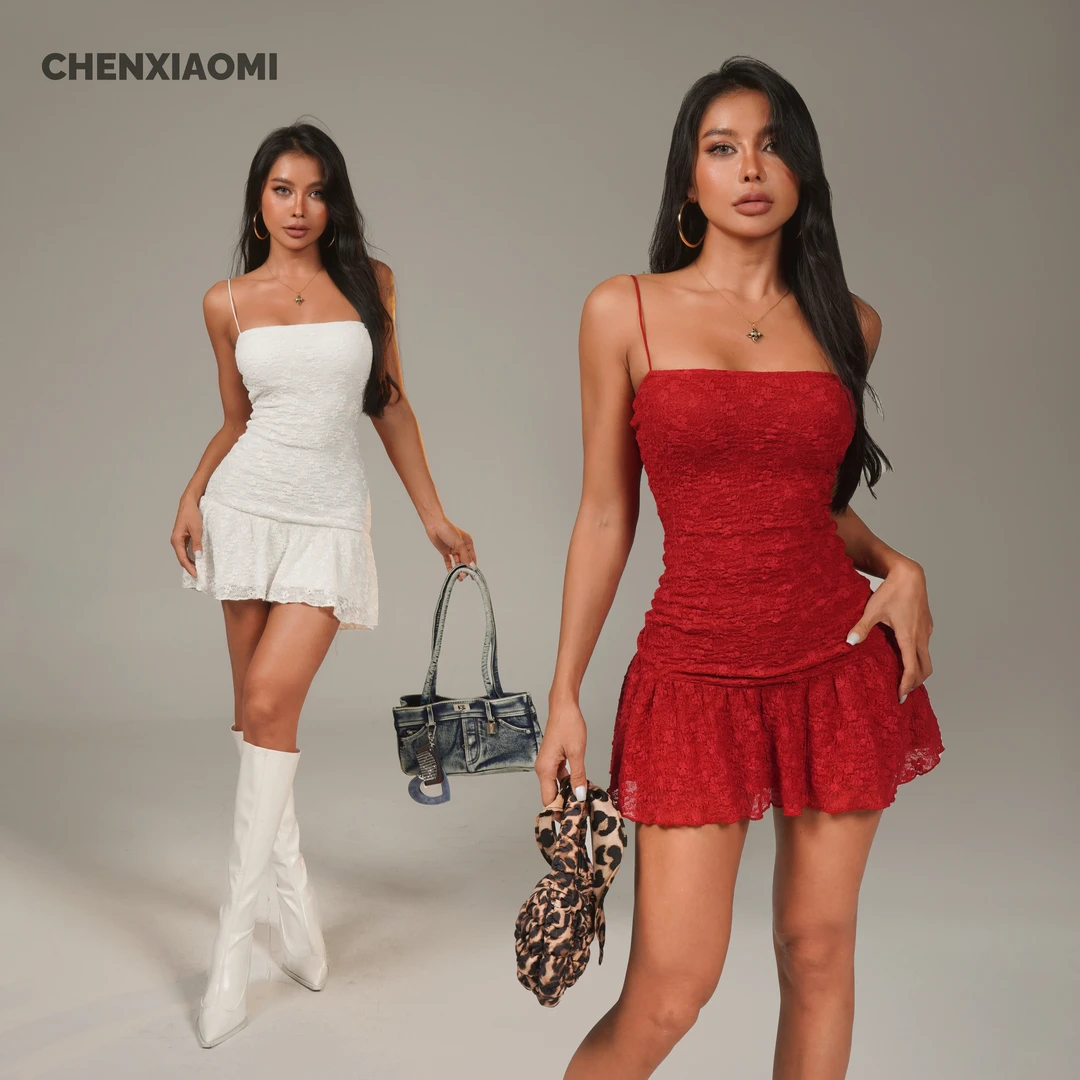 【蜜蜜家】晨露玫瑰 欧美辣妹蕾丝带可拆胸垫连衣裙短裙 25/Y714