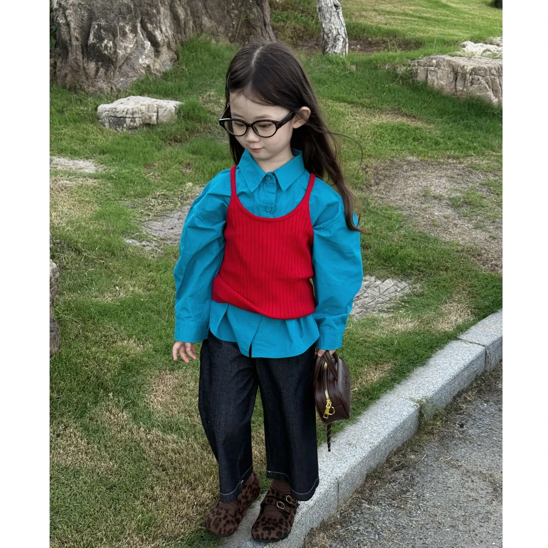 韩版童装2025秋装新款女童撞色简搭衬衫针织吊带衫深蓝牛仔阔腿裤