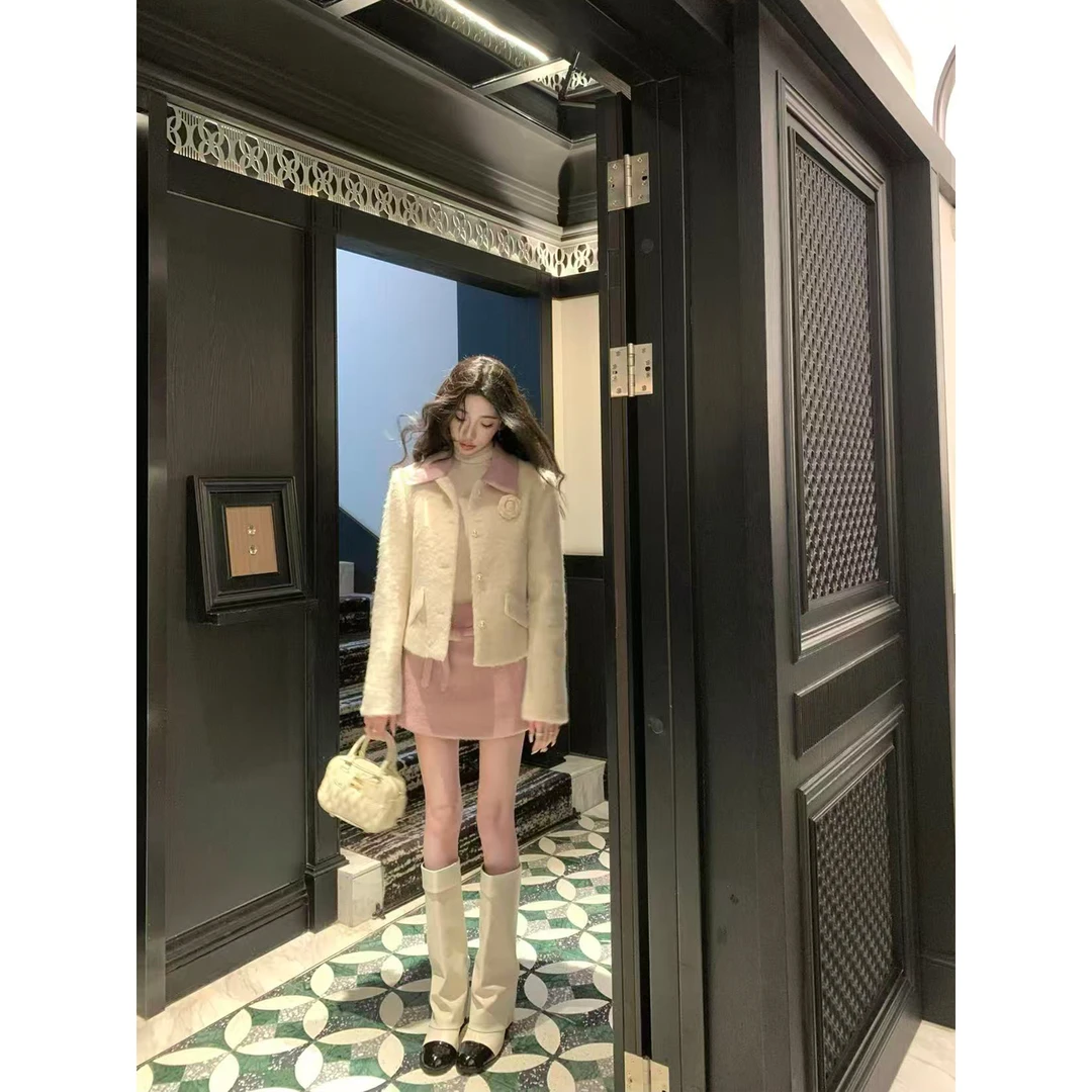 BarbChill【半岛花落】小香风撞色翻领毛呢加厚外套女冬蝴蝶结半裙