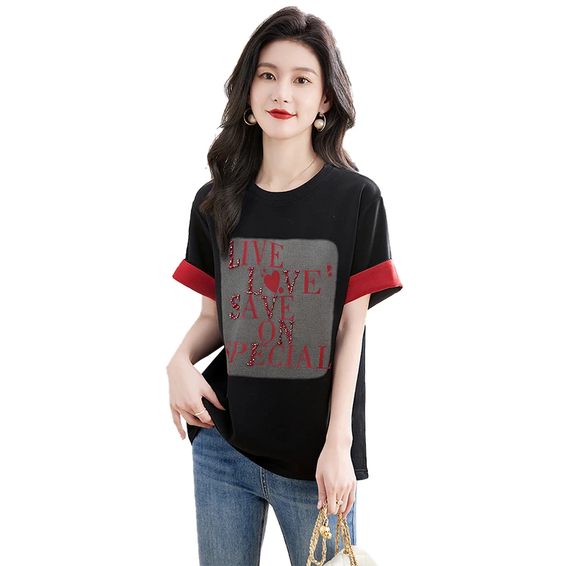 丝柏舍2025夏季新款女时尚字母撞色拼接圆领短袖休闲T恤S52B2017T