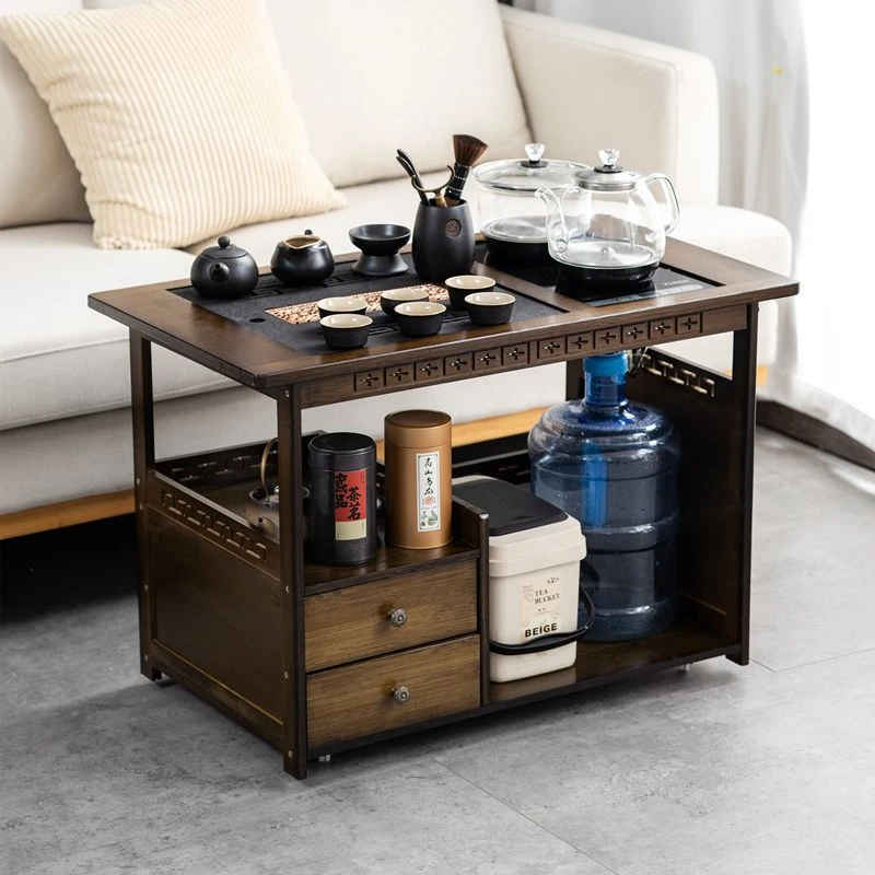 移动家用茶桌茶台客厅实木小茶车沙发边几茶几茶具茶台烧水壶一体