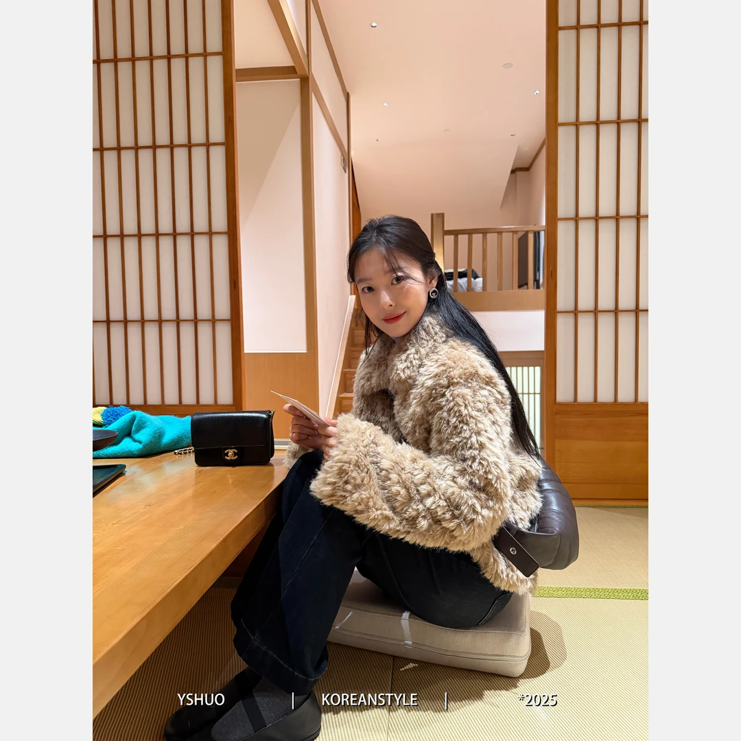 YSHUO【暖冬小熊】韩系短款复古毛毛上衣加厚保暖翻领羽绒外套66082