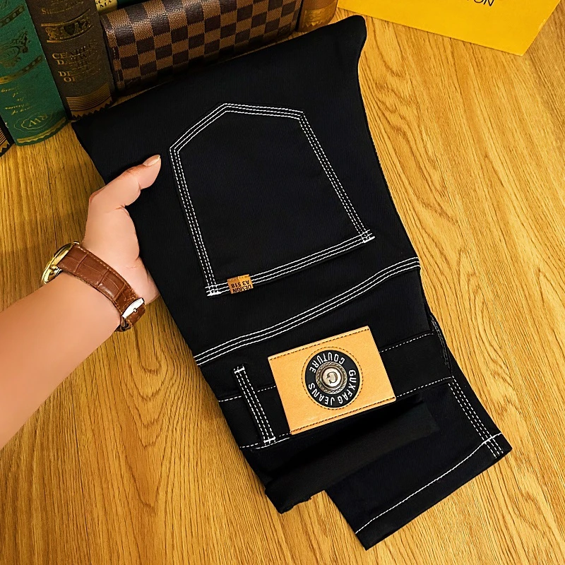 黑色牛仔裤男款男士爆款新款三本针不掉色秋冬高端修身百搭裤子男