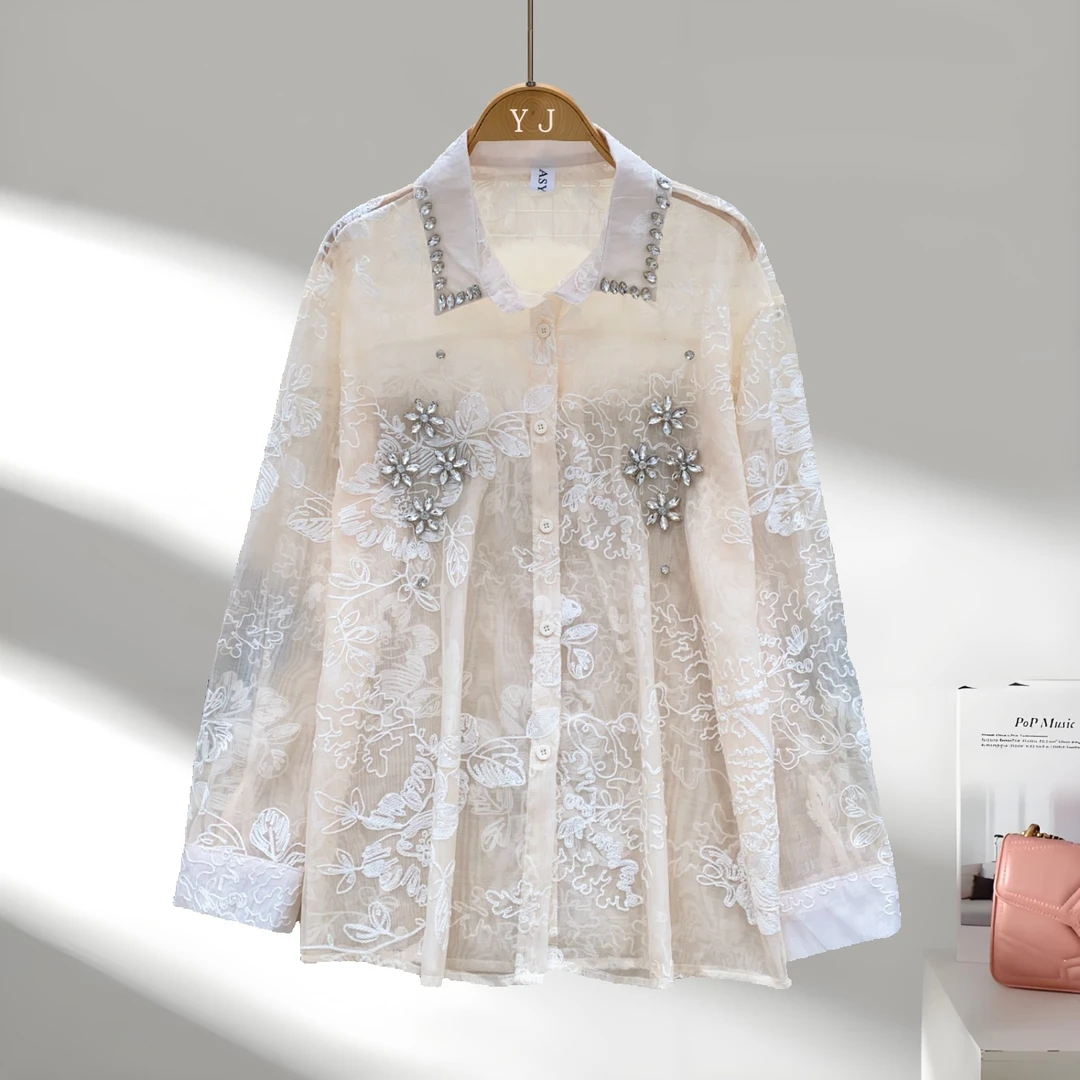 法式轻奢重工镶钻刺绣长袖衬衫女宽松显瘦休闲百搭上衣洋气衣服女