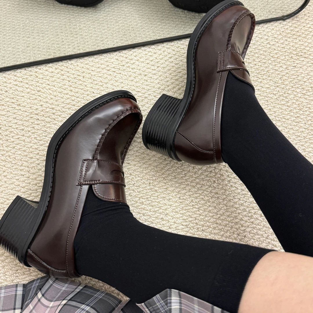 栗原熊5200尖头JK制服鞋中跟校供擦色棕基础款日系单鞋女乐福鞋子