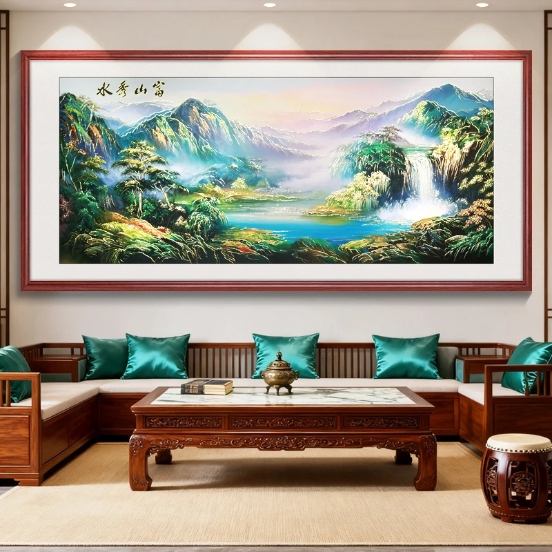 浮雕描金 富山秀水  新中式山水画客厅装饰画沙发背景墙挂画