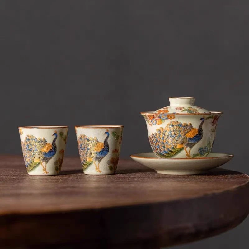 无水悬停汝窑孔雀开屏三才盖碗中式高端盖碗功夫茶具泡茶碗