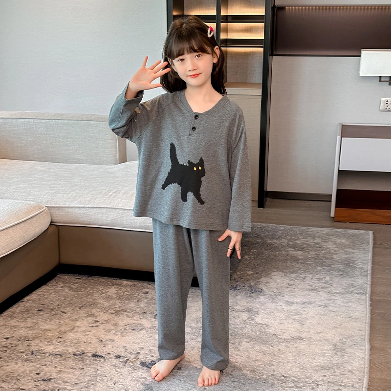 女童圆领长袖纯棉睡衣女孩春秋季2024新款亲肤透气可外穿套装女