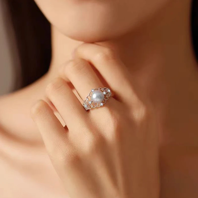 蕾丝淡水珍珠铜合金戒指【金色/银色随机发一】