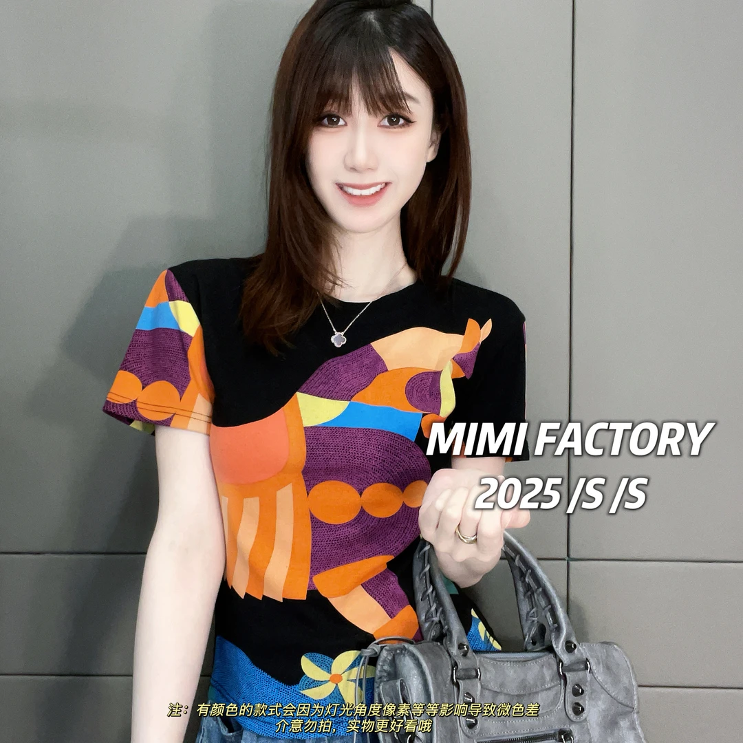 芈芈-2025早春新款 欧货满印设计短袖T恤女修身显瘦内搭2536#