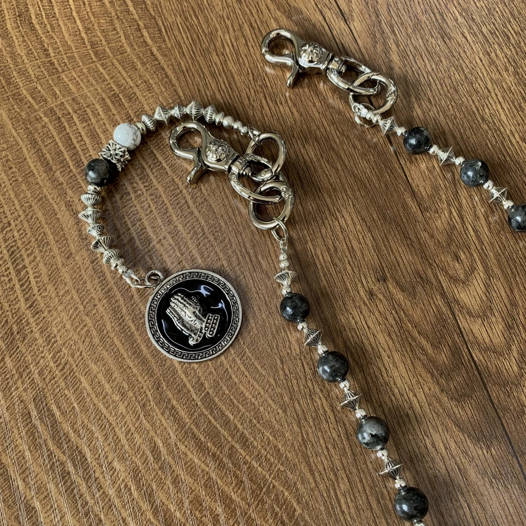 原创手作黑闪光石合金珠美式小众穿搭配饰vintage朋克风牛仔裤链