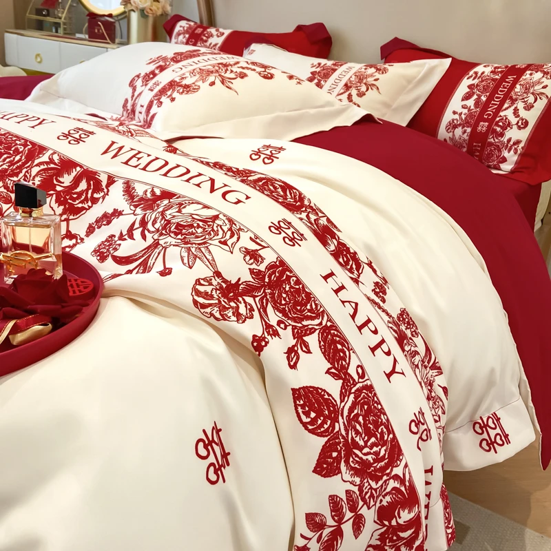 南通法式雅致家纺新高档礼盒装结婚四件套大红色床单喜被全棉婚庆