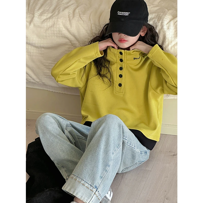 K28310韩系运动风女童长袖T恤2025春装新连帽上衣女大童春秋打底t