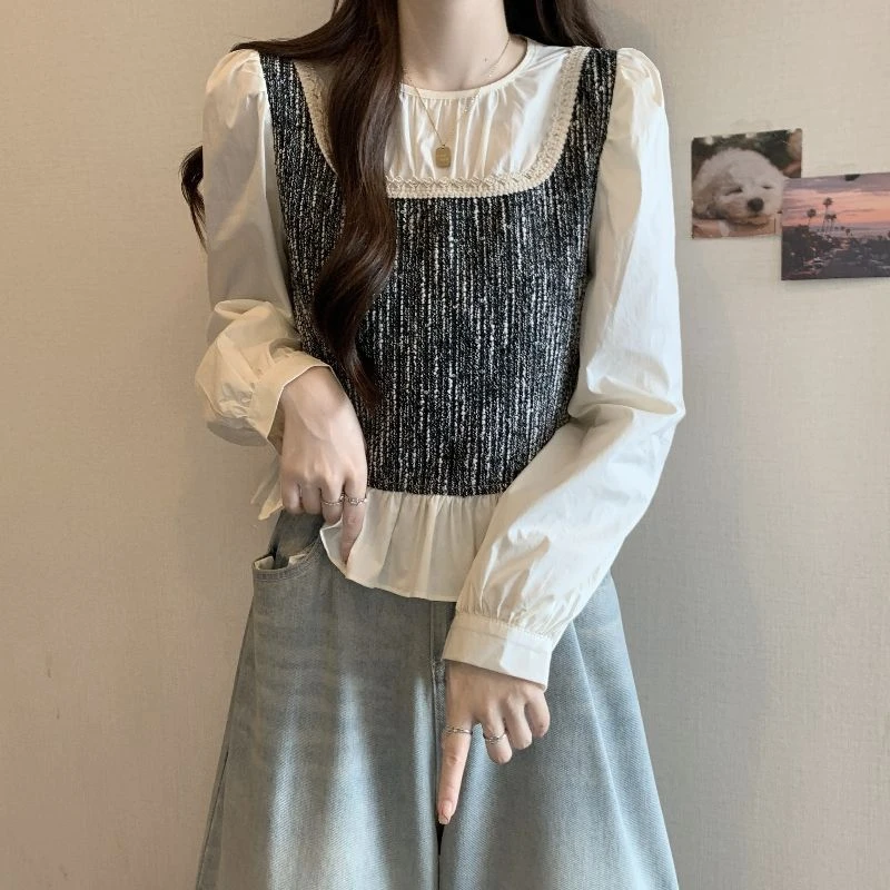 小香风长袖衬衫女早春季大码胖mm假两件短款chic上衣时尚洋气小衫