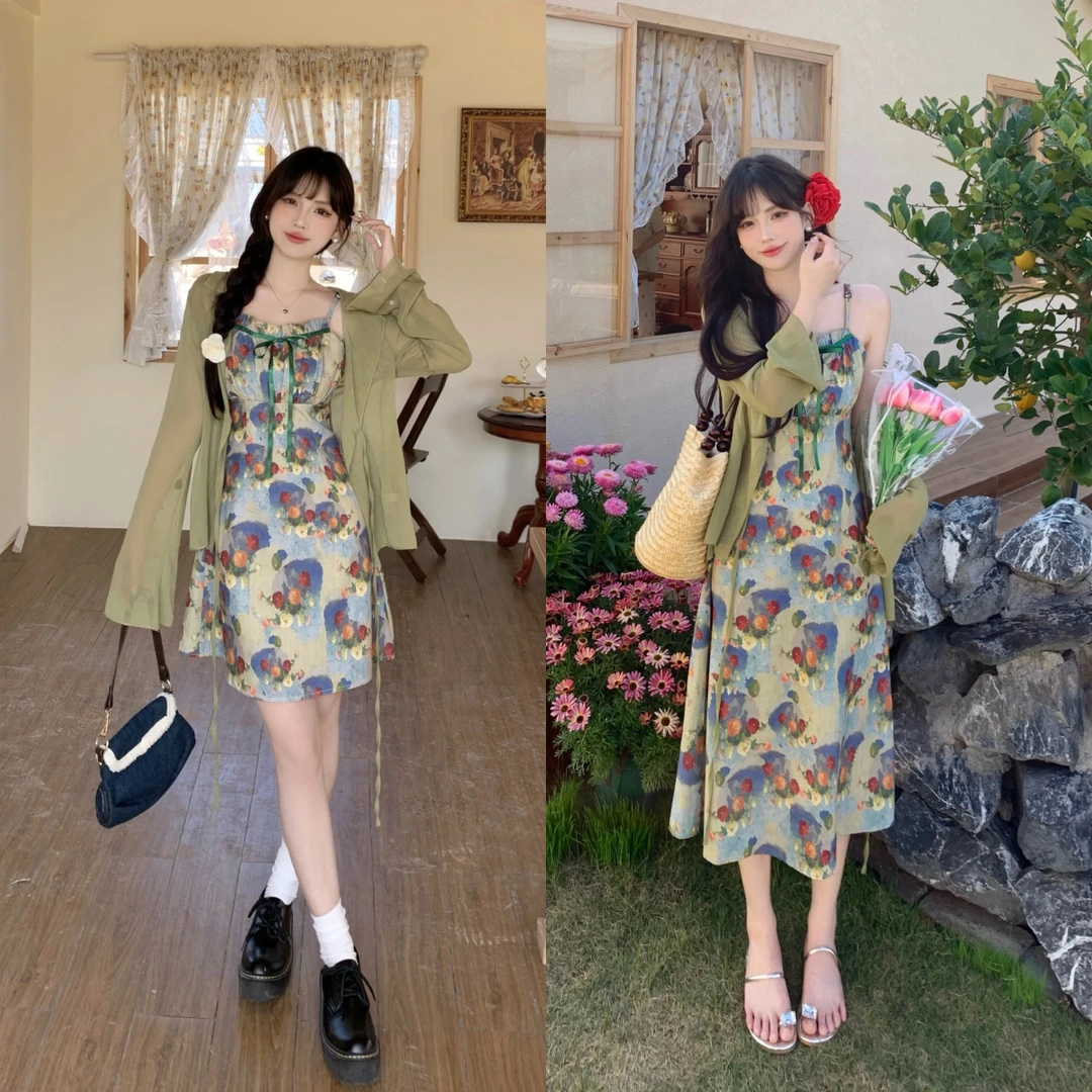 【7520A】油画碎花吊带裙夏雪纺风情万种海边法式连衣裙防晒开衫