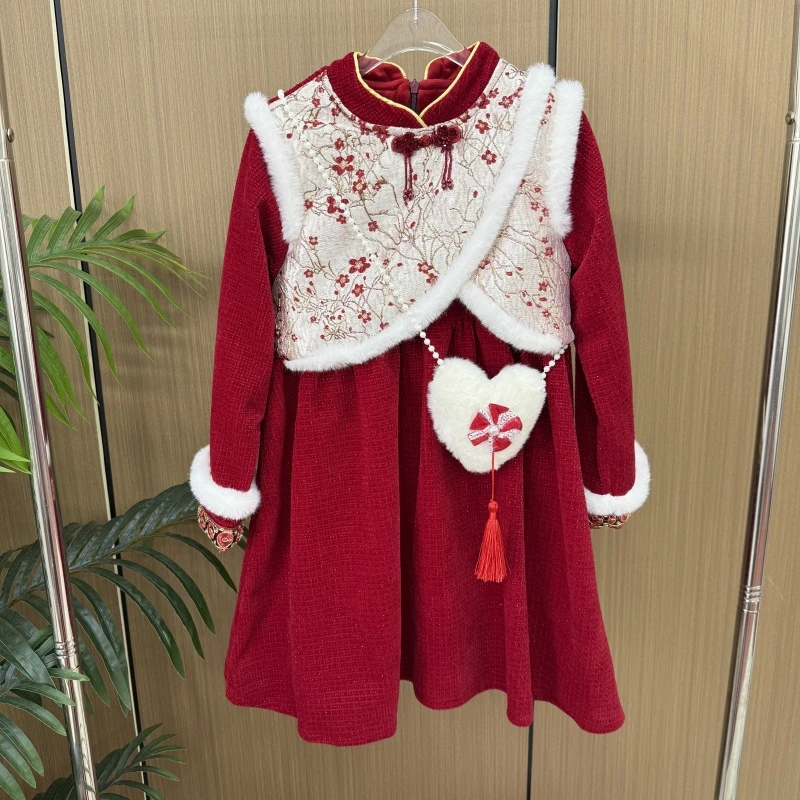 2025新年款女童冬季韩版裙子洋气加绒连衣裙拜年服送包包