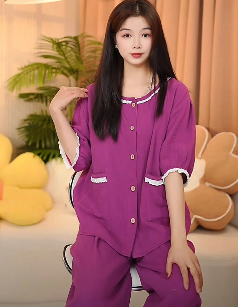 春夏新款[丁香紫]母婴级A类纯棉七分袖长裤透气吸汗女士睡衣套装