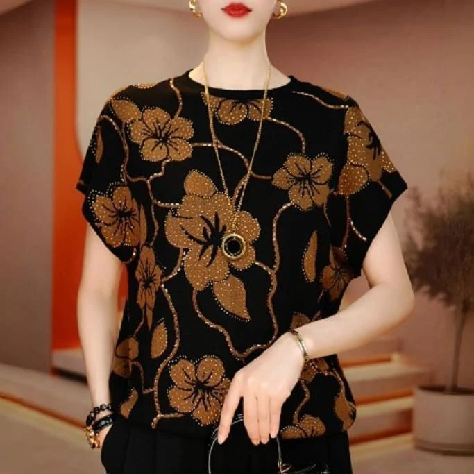 2025夏季新款时尚百搭妈妈冰丝针织衫复古花色设计感上衣减龄小衫