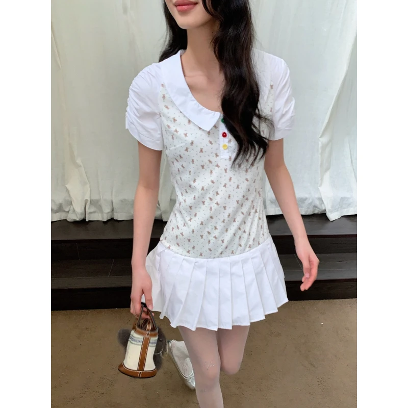 Morn isle*云谁之思系列少女风印花娃娃领拼接压褶摆短袖连衣裙