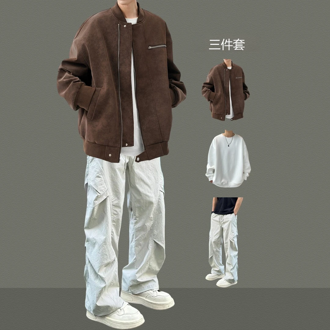 棒球服外套美式街头机车皮衣夹克男生套装痞帅气穿搭青少年三件套