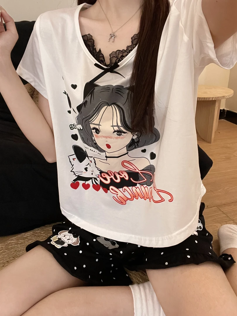 【DMXJ大梦想家】韩版甜美舒适人像印花可爱夏亲肤休闲居家睡衣套装