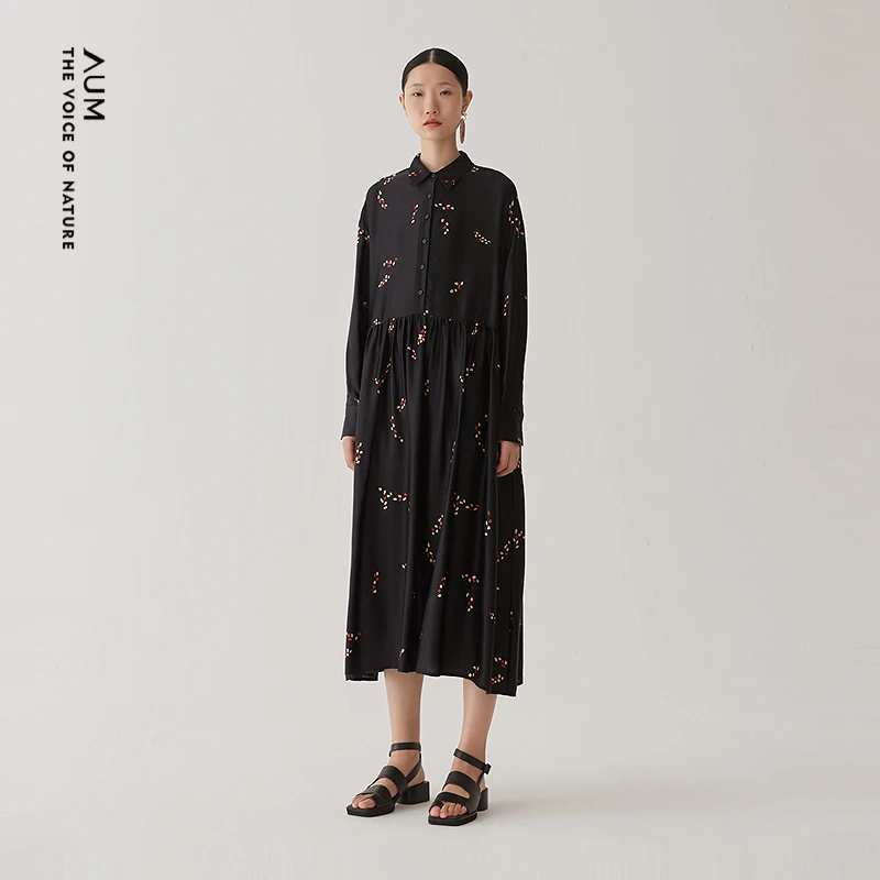 AUM/噢姆麦穗秋季复古优雅黑时尚桑蚕丝长款连衣裙女装MADE10026