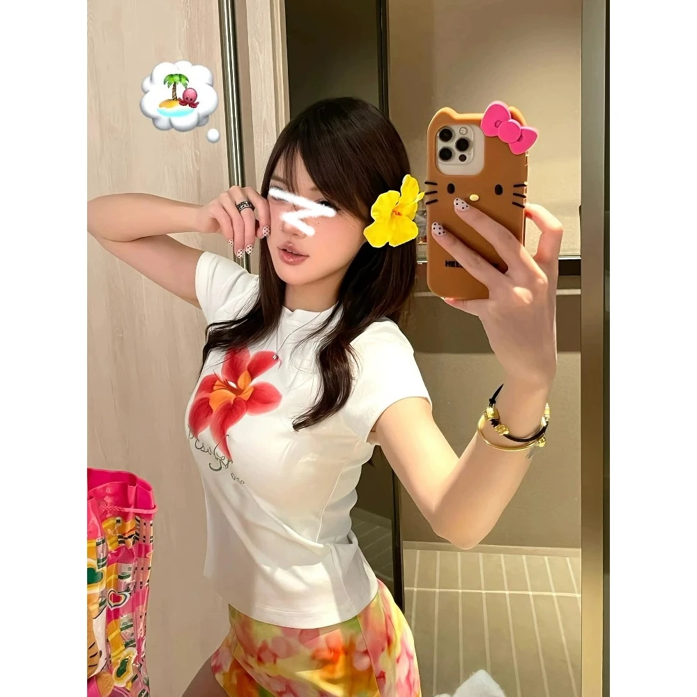 美式花卉印花甜辣妹白色短袖t恤女夏季2025新款修身正肩短款上衣