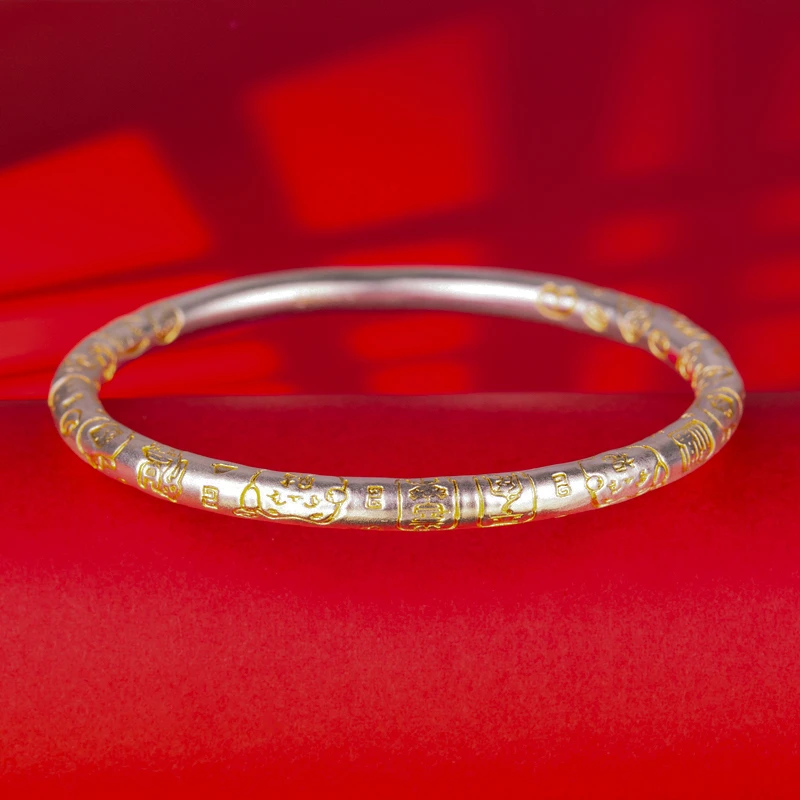 足银手镯 999足银手镯女古法吉言描金轻奢闭口招财猫纳福镯子