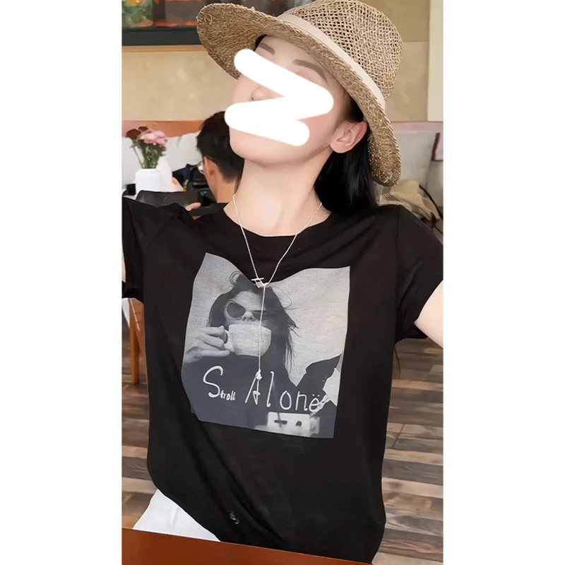 休闲风复古人物印花T恤女2025夏季新款欧货时尚圆领正肩短袖上衣