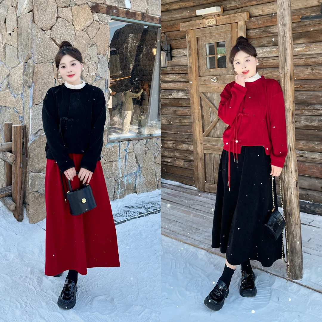现货-中国红【心心】〈新中式卫衣〉【内里雪尼尔加绒】显瘦卫衣套装