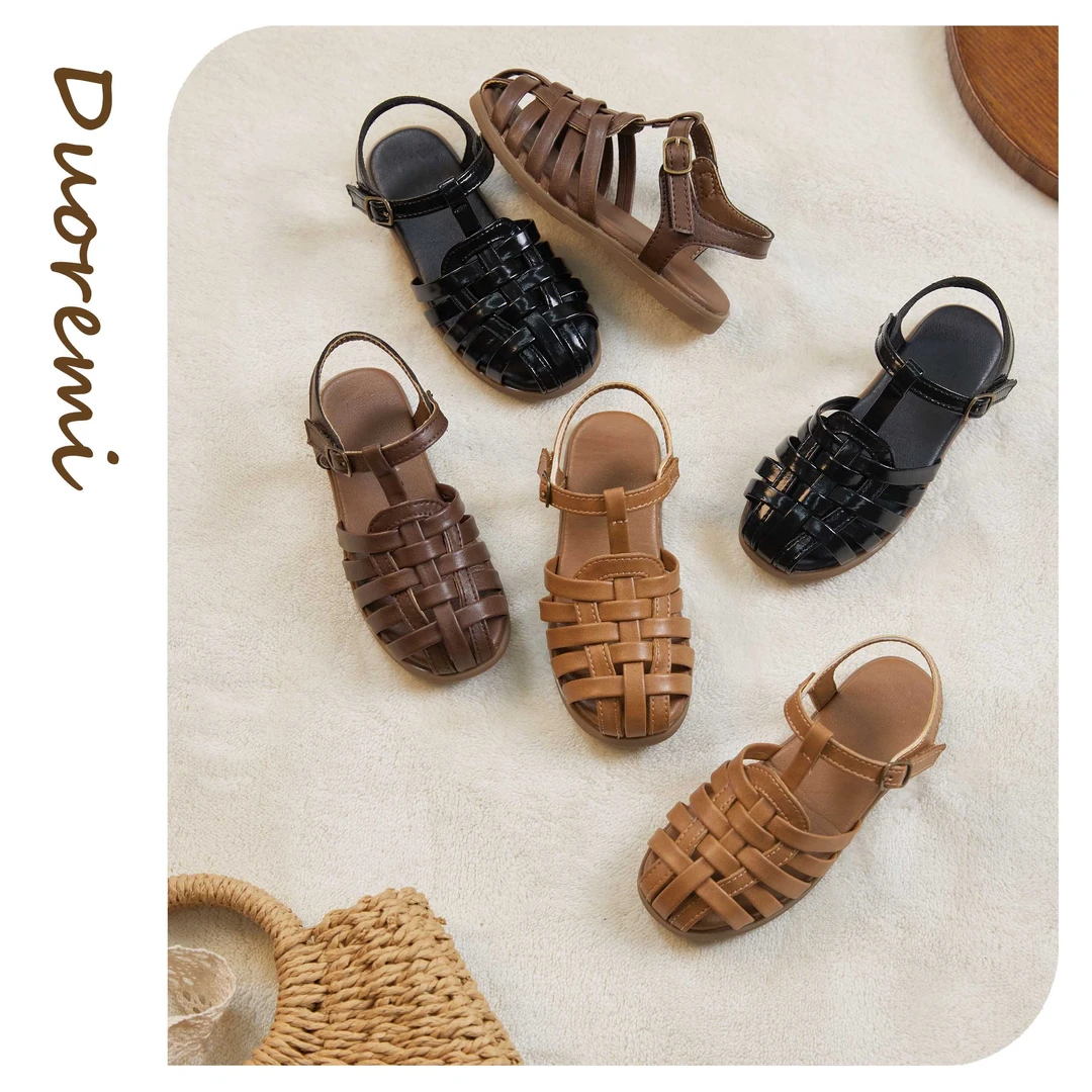 DuoReMi夏季新款童鞋魔术牛皮女鞋洞洞鞋软底包头复古