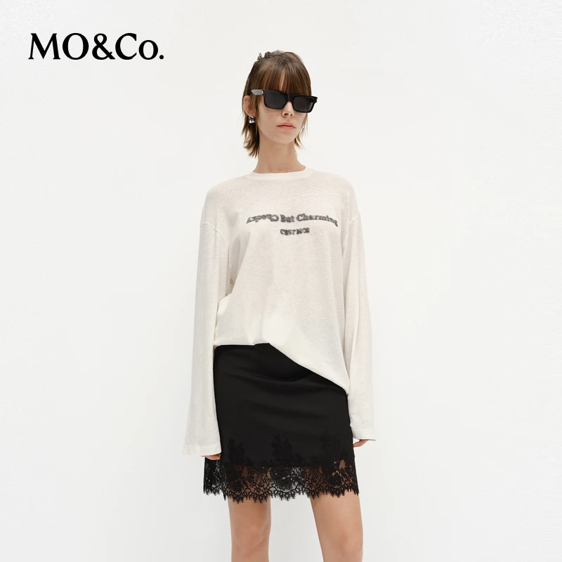 MOCO棉麻T恤2025春新品含亚麻水墨印花绣花描边长袖MBE1TEE008