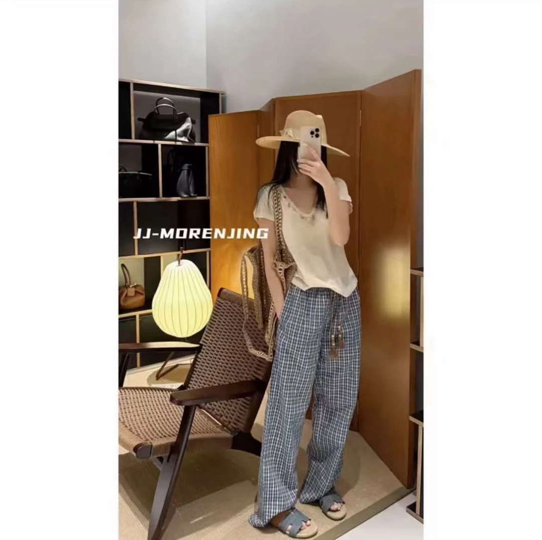 【BAI】格子阔腿直筒长裤夏季休闲百搭0675显瘦格子裤时尚