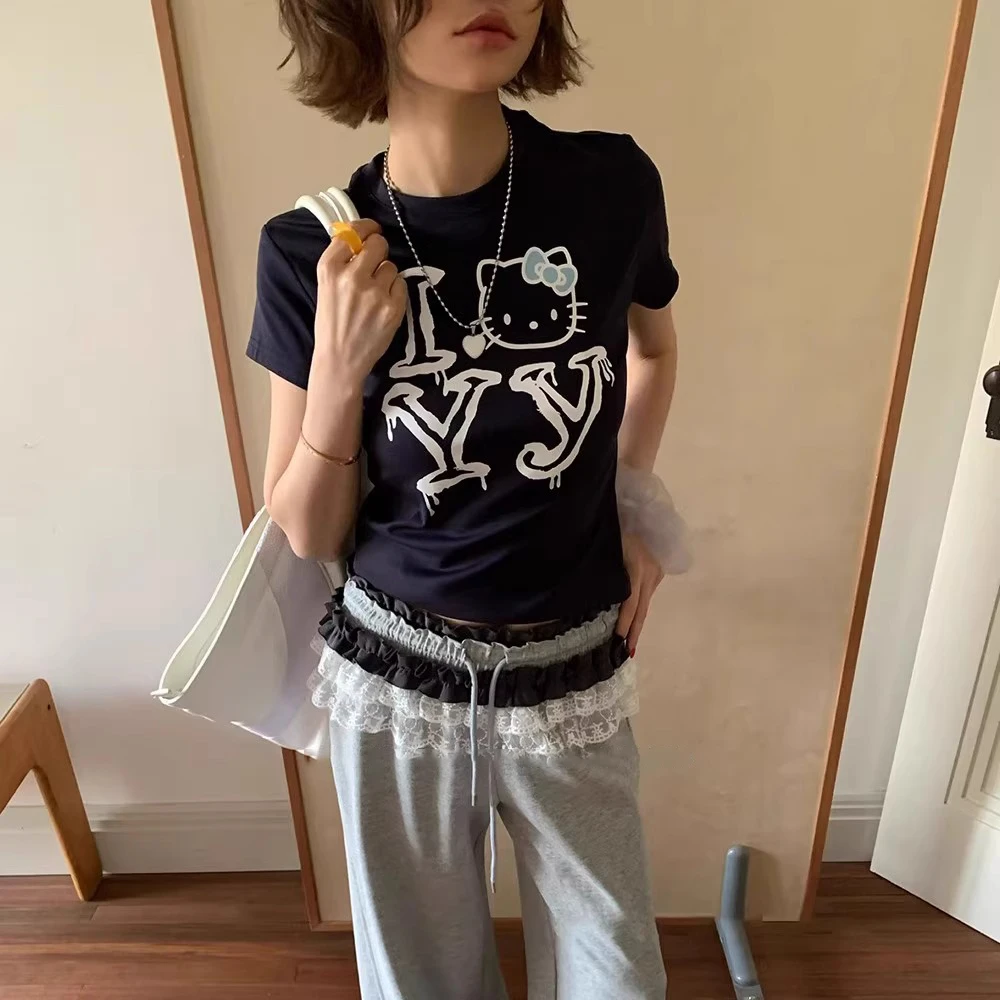 番茄妹妹Tomatosister美式字母Kitty猫短款辣妹减龄显瘦短袖T恤