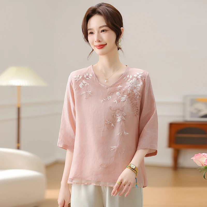 妈妈夏季洋气新中式小衫2025新款中老年女装夏装短袖T恤上衣套装