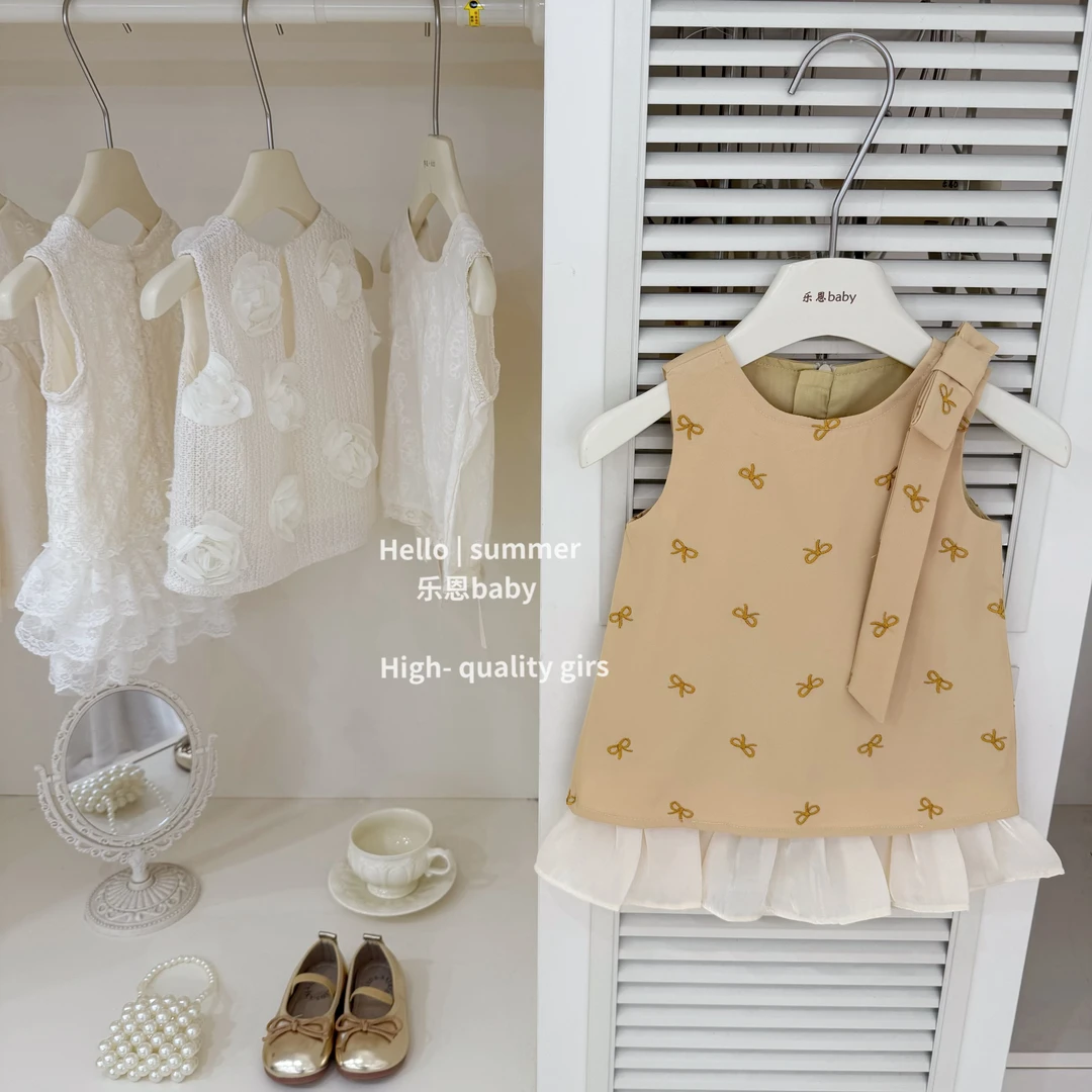 现【乐恩童装】千金风！2025女童夏季蝴蝶结刺绣背心拼接连衣裙