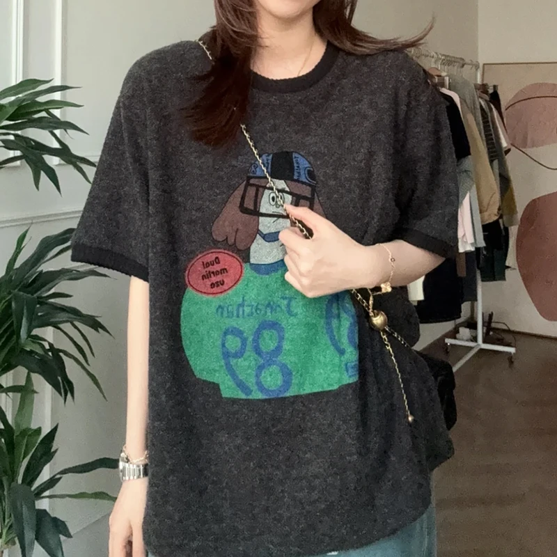 春夏新款小众设计感时尚百搭上衣美式复古圆领人像涂鸦短袖T恤女