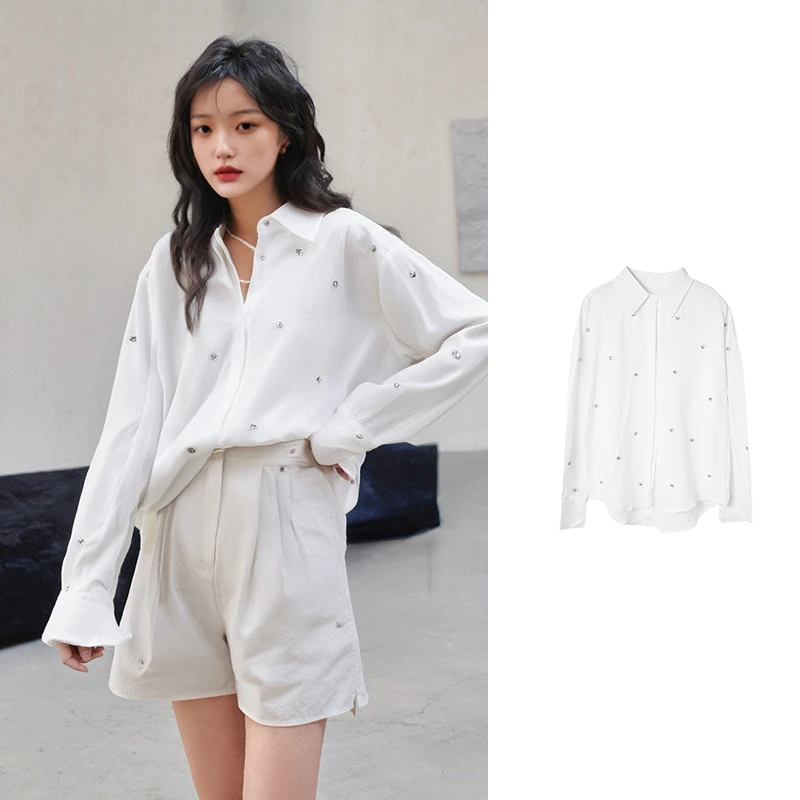 D1889#韩系重工时尚白色百搭钉珠衬衫长袖气质通勤上衣