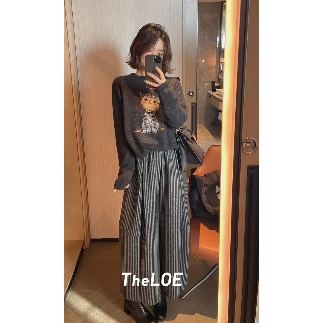 TheLOE/羊毛高腰显瘦遮肉松紧腰条纹宽松休闲裤#11.17K-G6714