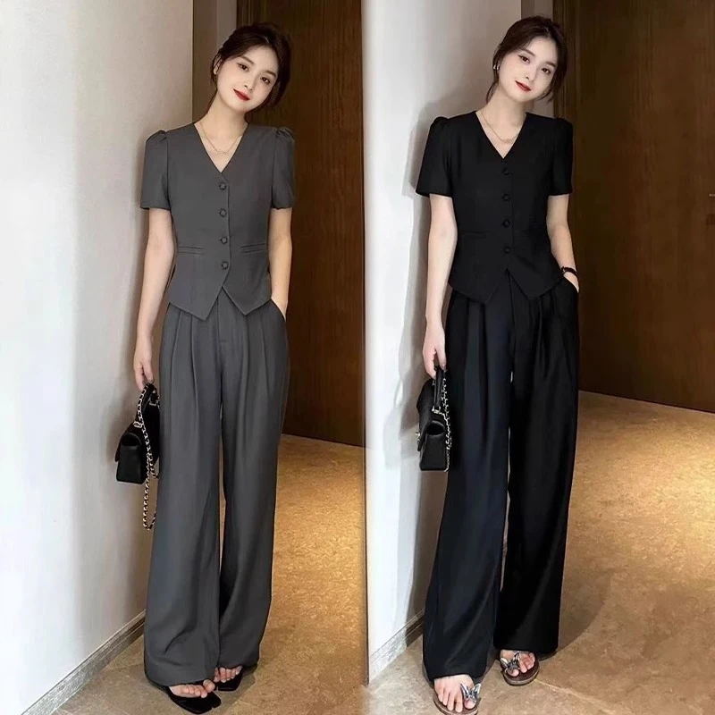 时尚西装套装女2025夏季新款设计感V领上衣显瘦阔腿裤职业两件套