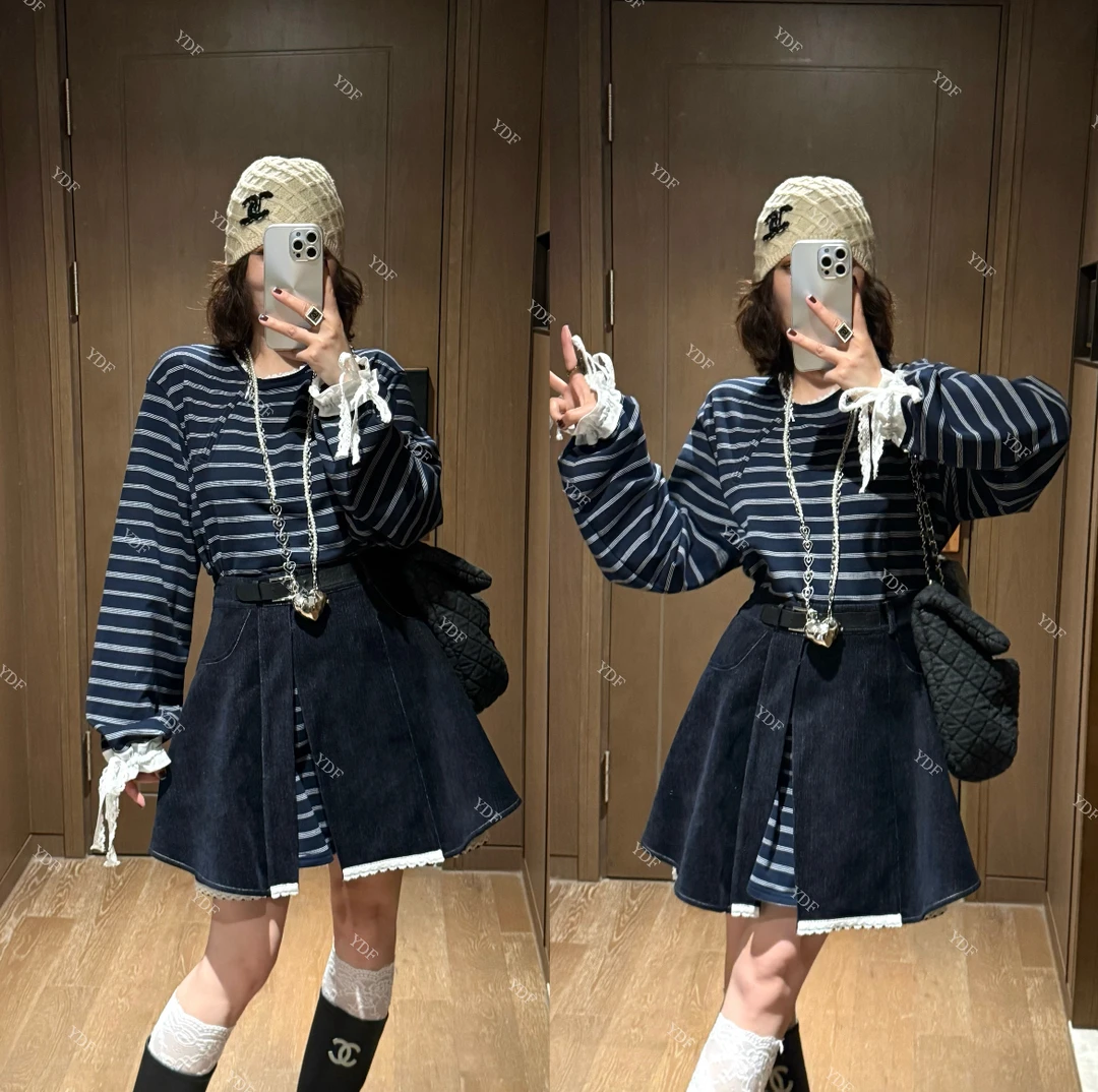 YDFSTUDIO小众【首尔周末】欧货高品早秋条纹拼接假两件设计连衣裙