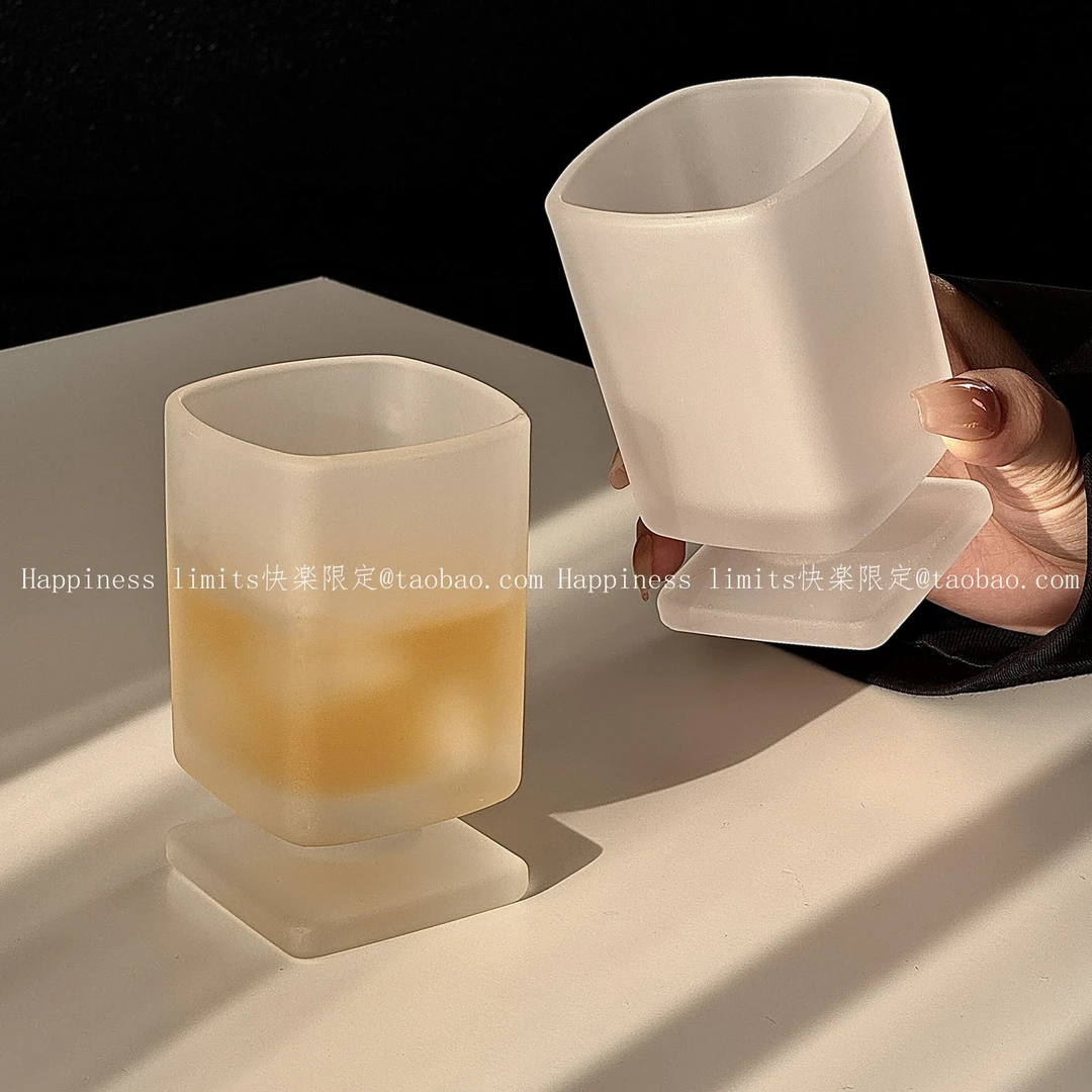 奥禾设计感磨砂四方杯小容量酒杯ins高脚玻璃杯果汁杯水杯咖啡杯