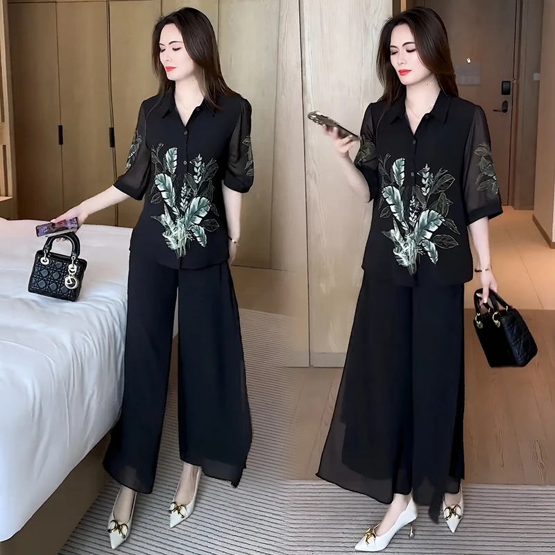 洋气夏装衬衫搭阔腿裤两件套女2025新款中袖印花小衫减龄宽松套装