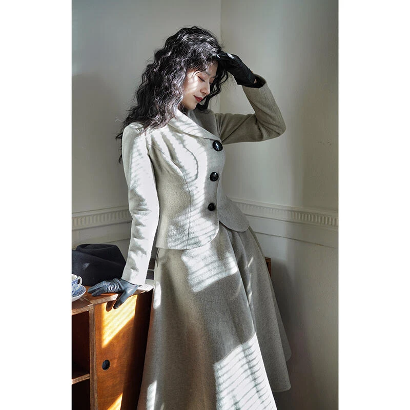 Chings复古收腰立裁呢子套裙冬 高腰A字大摆裙赫本风伞裙毛呢套装