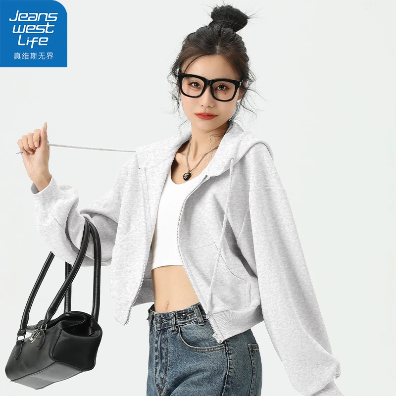 真维斯无界春秋浅花灰潮流爆款开衫连帽拉链设计休闲百搭女款卫衣
