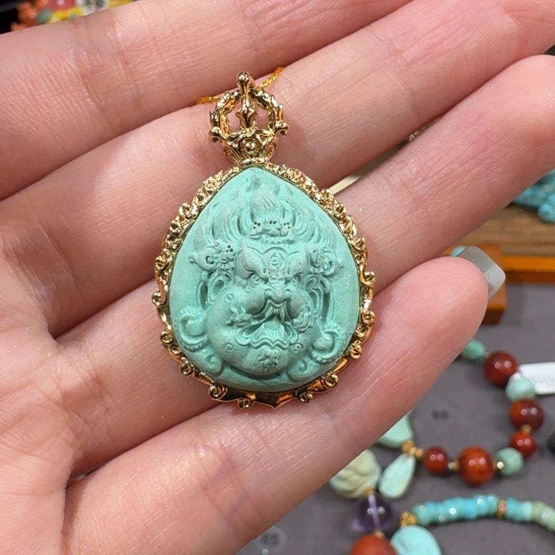 绿松石18K金镶嵌吊坠(不含链)大黑天